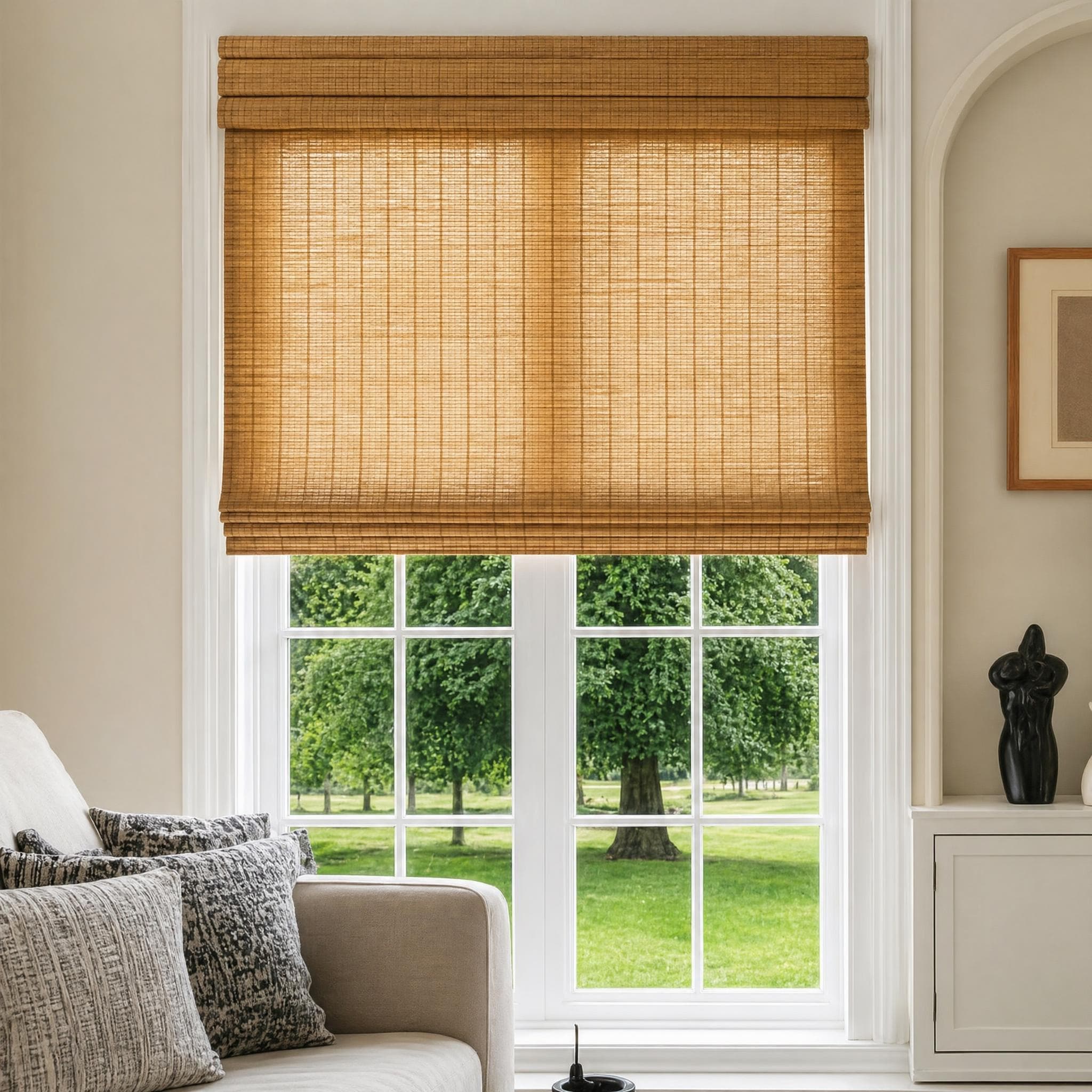 Natural bamboo Roman shades — sustainable materials